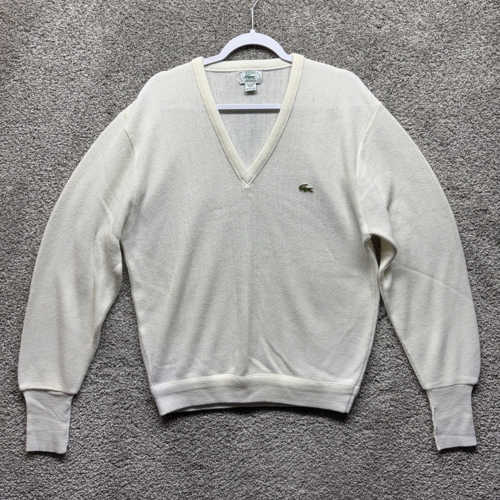 Vintage‎ IZOD Lacoste Sweater Mens Large White Grandpa V Neck Orlon Made USA 80s